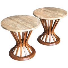 Pair of Edward Wormley Dunbar Sheaf of Wheat Tables with Travertine Tops 4