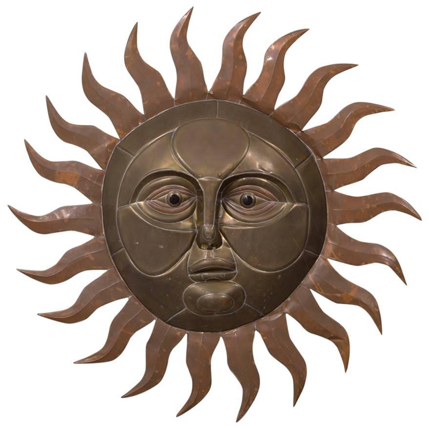 Sergio Bustamante Brass and Copper Sun Wall Sculpture, 1970s For Sale
