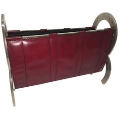 Jacques Adnet Style Horseshoe and Leather Magazine Rack