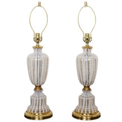 Pair of Vintage Murano Urn Shape White and Clear Glass Lamps with Gold