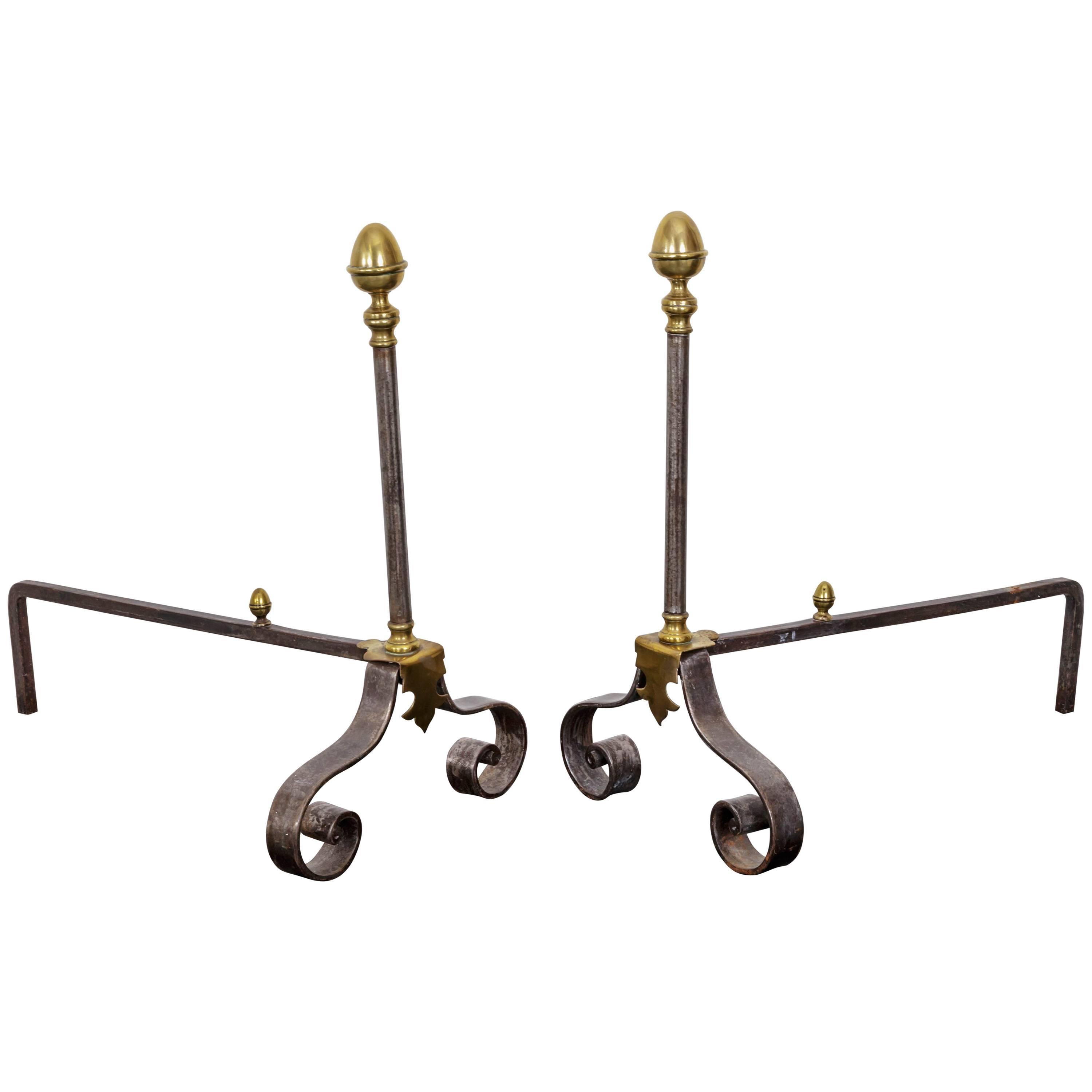 19th Century French Iron and Brass Andirons and Fireplace Tools For Sale