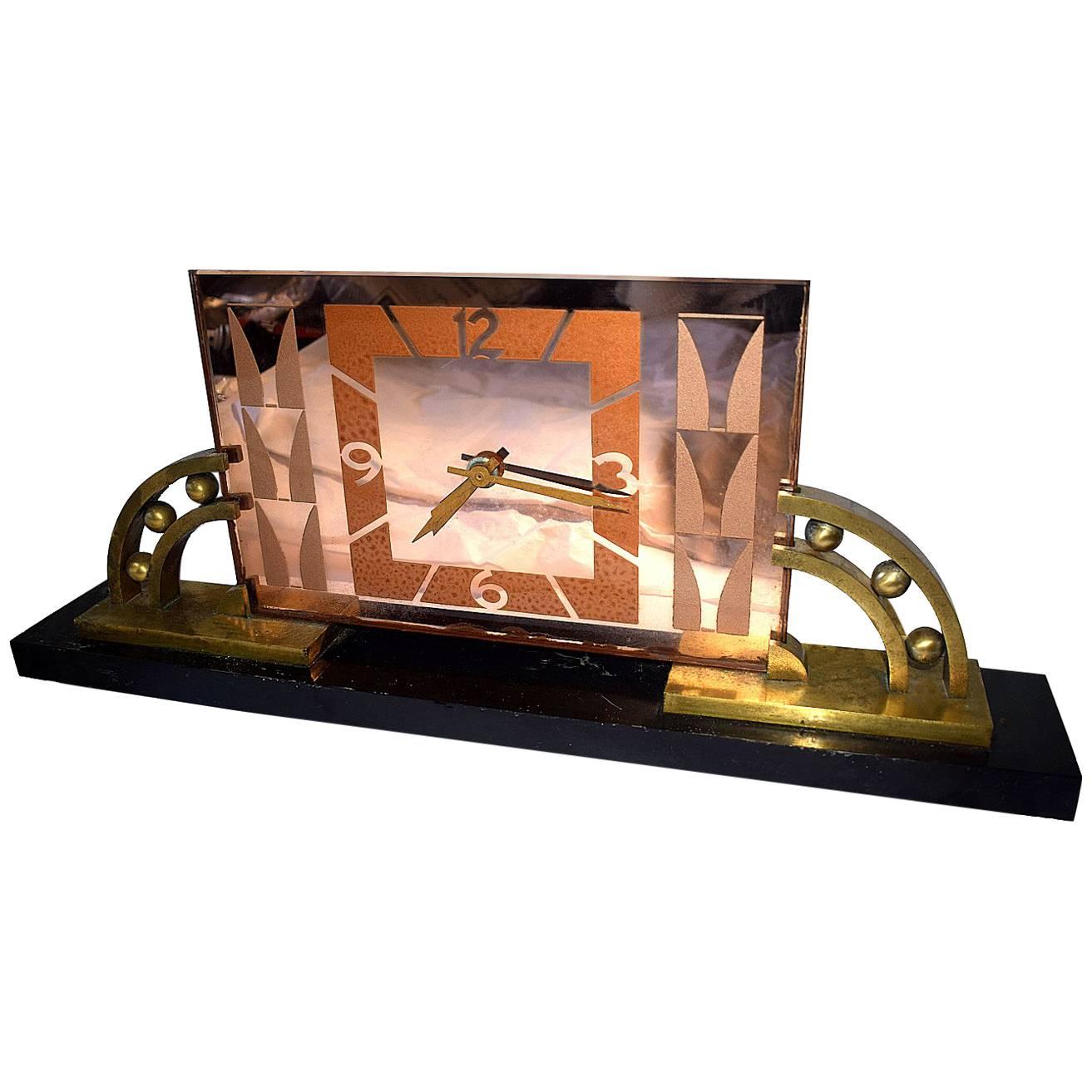 Huge French Mirror Mantle Clock on Solid Marble Base