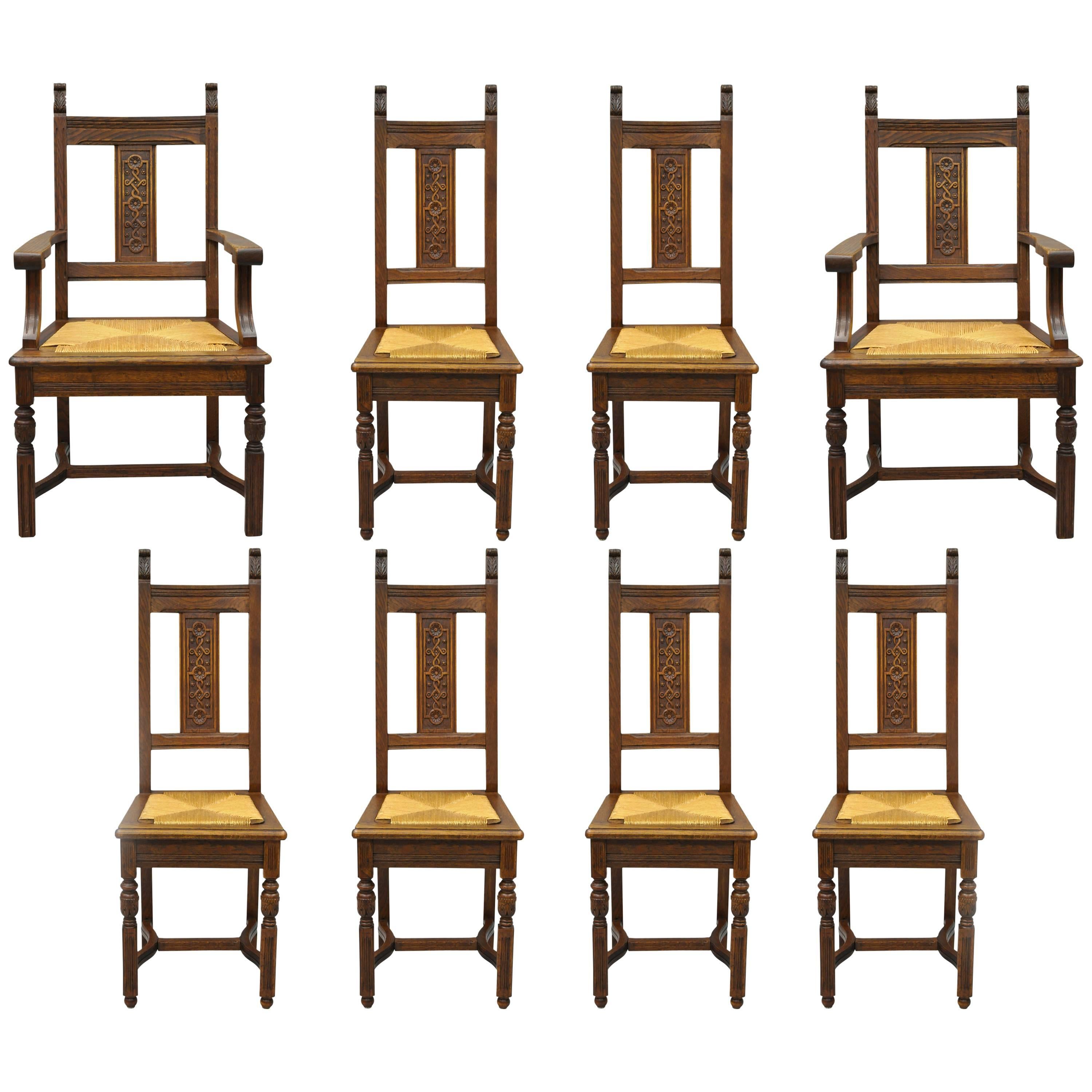 Set of 8 William & Mary Renaissance Jacobean Revival Oak Dining Chairs Rush Seat