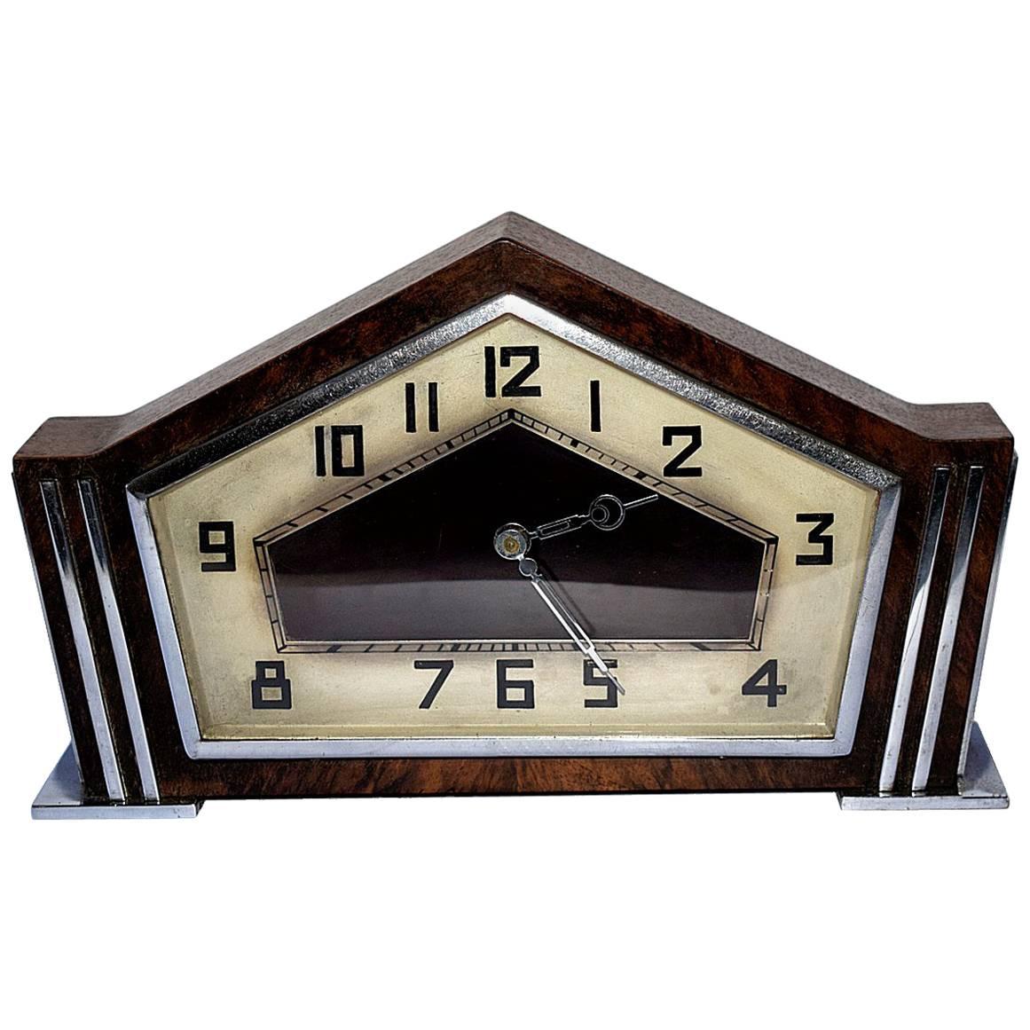 English Art Deco Walnut and Chrome Mantle 8 Day Clock