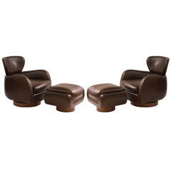 Pair of Vladimir Kagan Directional Leather and Walnut Swivel Chairs