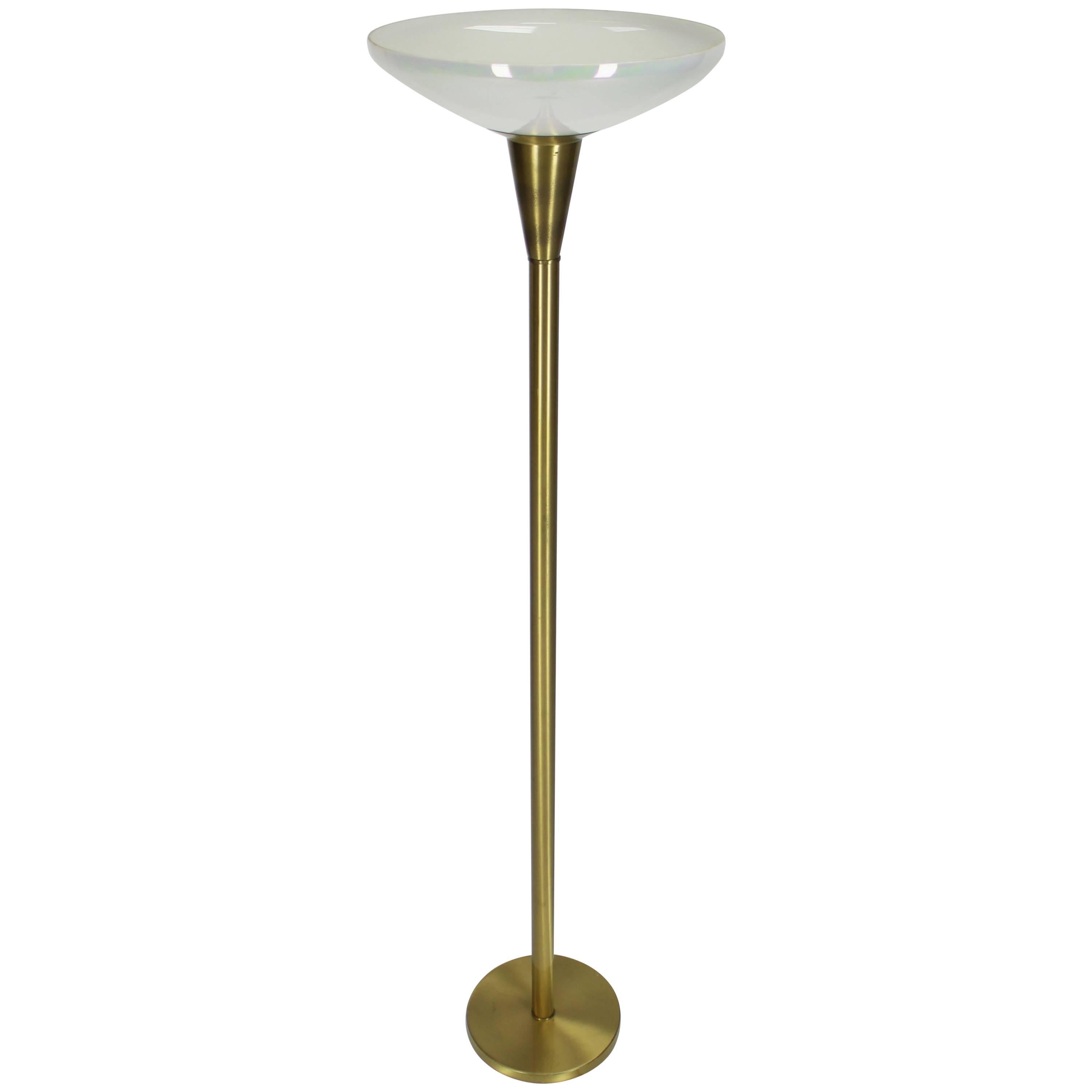 Brass Tall Torchere Floor Lamp Iridescent Shade For Sale