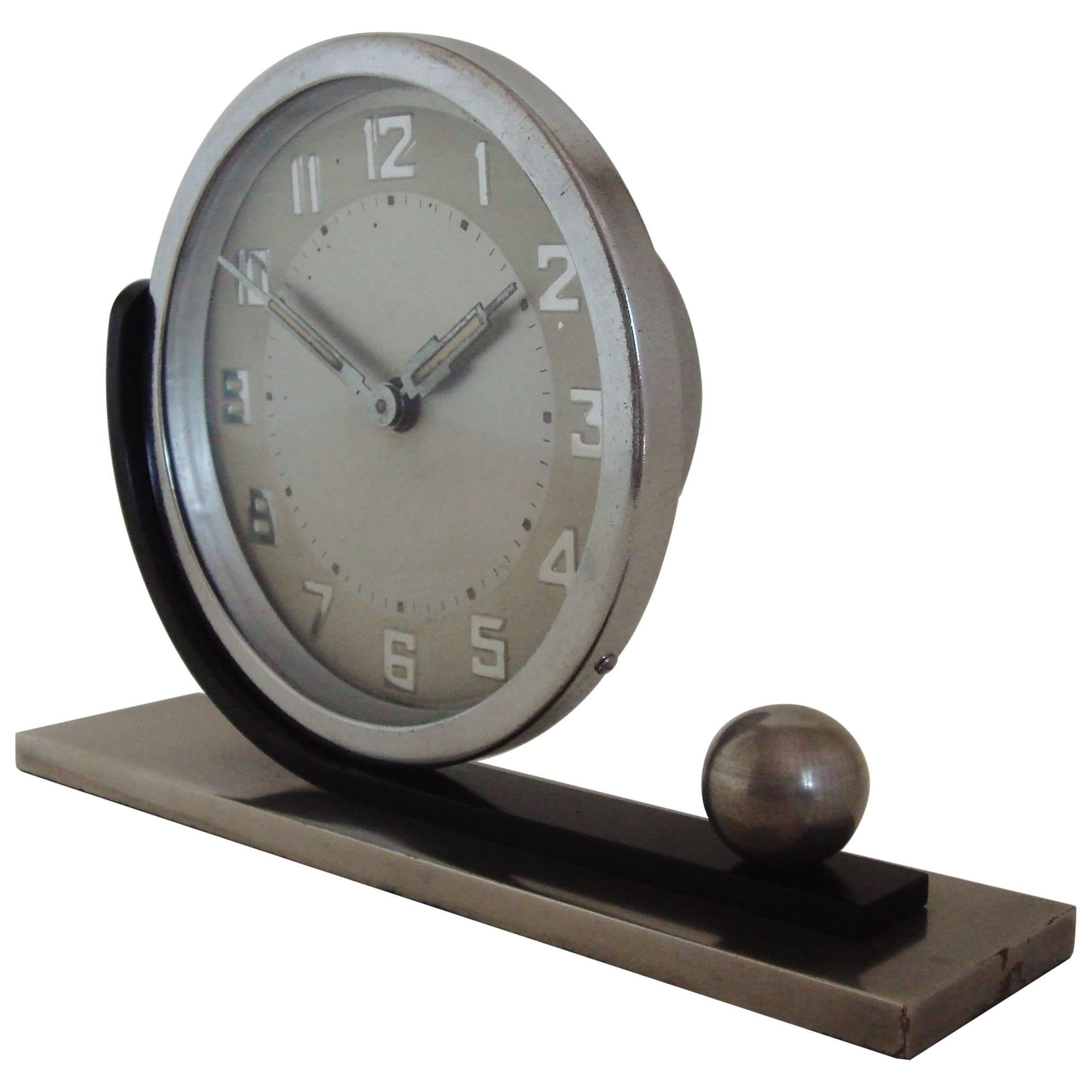 German Art Deco Chrome with Brushed & Blackened Steel Asymmetrical Table Clock