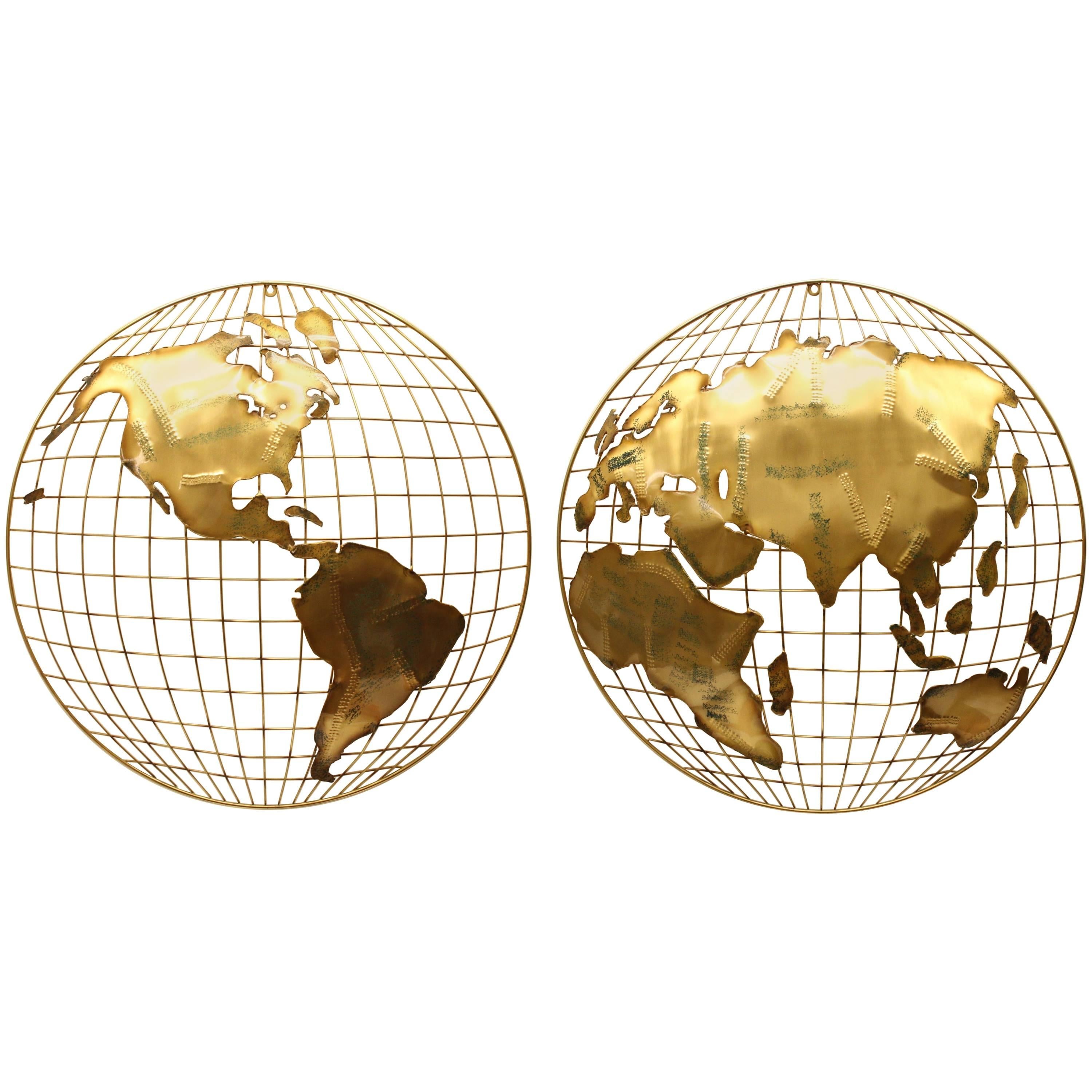Pair of C. Jere Brass Globe Sphere Wall Sculptures, circa 1984 For Sale