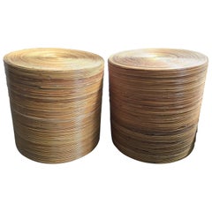 Cylindrical Pair of Pencil Reed Bamboo Rattan Drum Tables