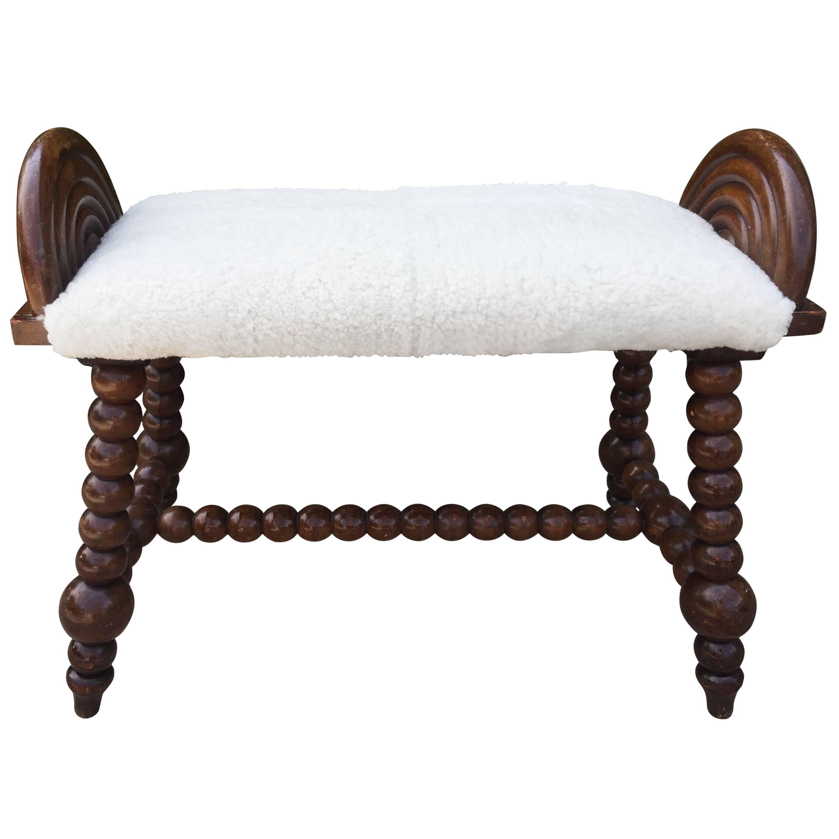 English Bobbin Turned Shearling Upholstered Bench