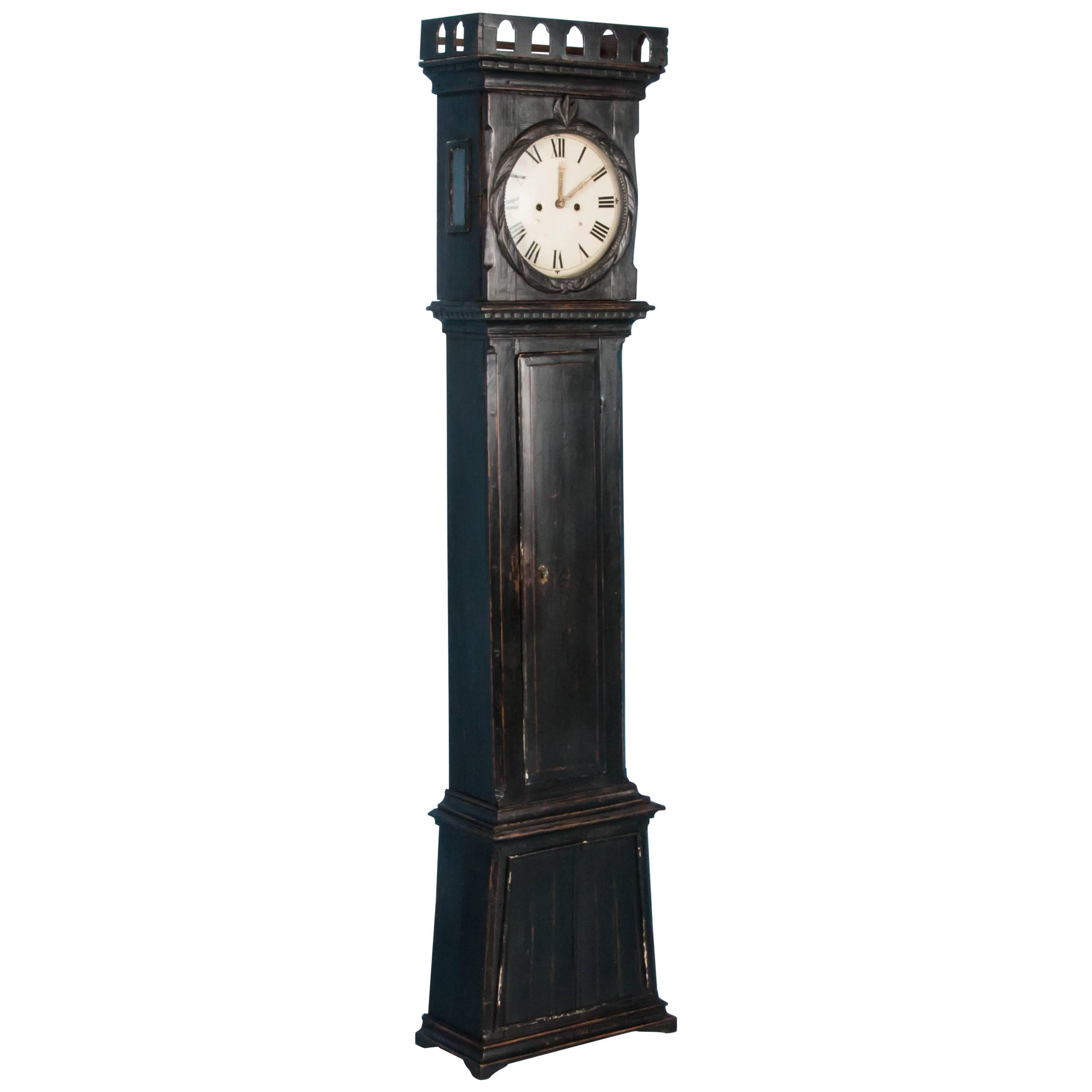 Antique 19th Century Danish Grandfather Clock Painted Black