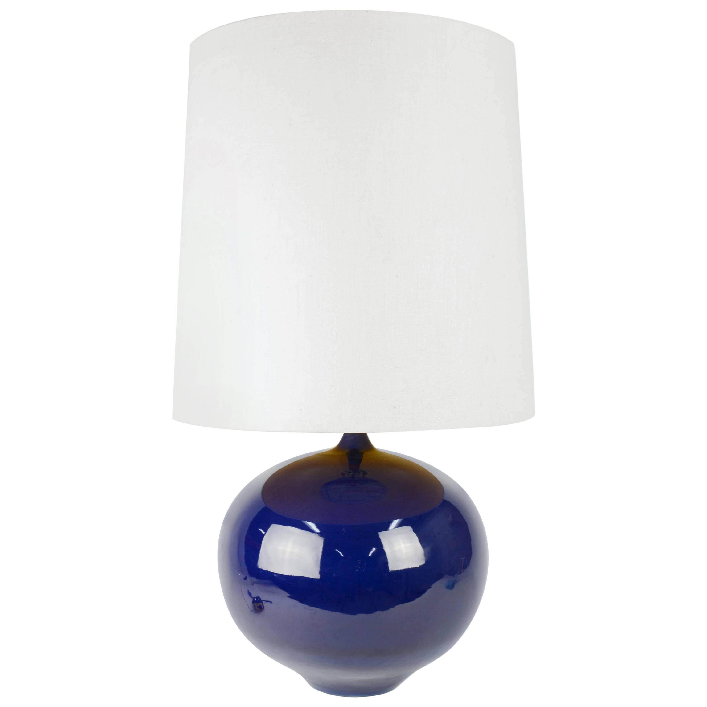 Big Blue Ceramic Table Lamp with Teak Stem For Sale