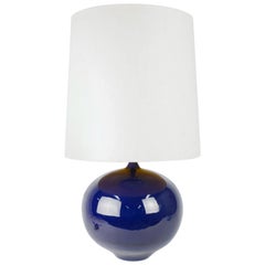 Big Blue Ceramic Table Lamp with Teak Stem