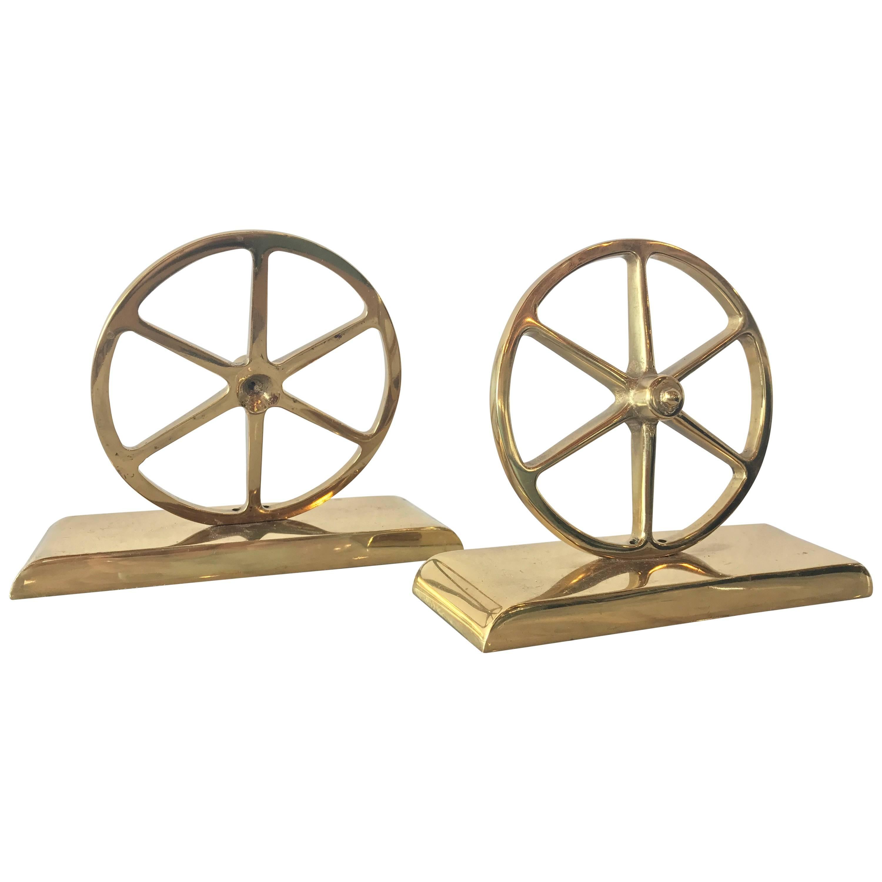 Brass Wagon Wheel Bookends by Virginia Metalcrafters, Pair