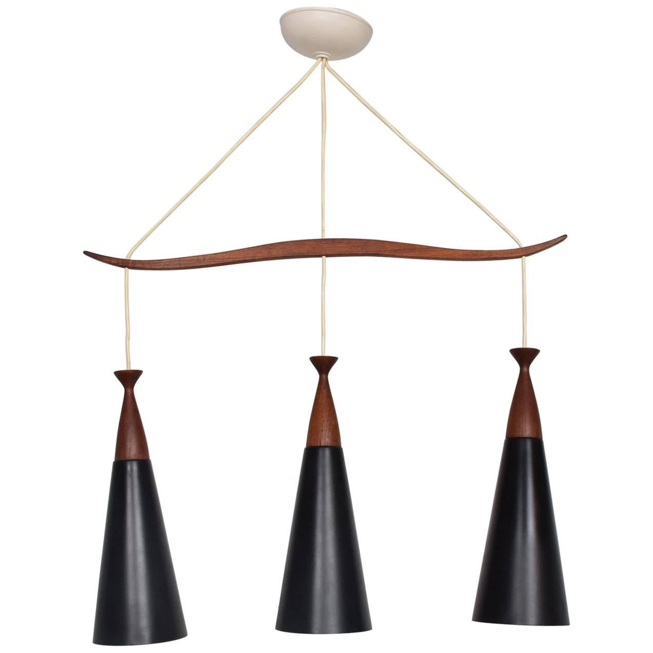 Mid-Century Modern Scandinavian Pendant Chandelier Teak and Aluminum 