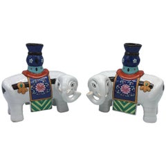 1960s Polychrome Ceramic Elephant Sculpture Candlestick Holders, Pair