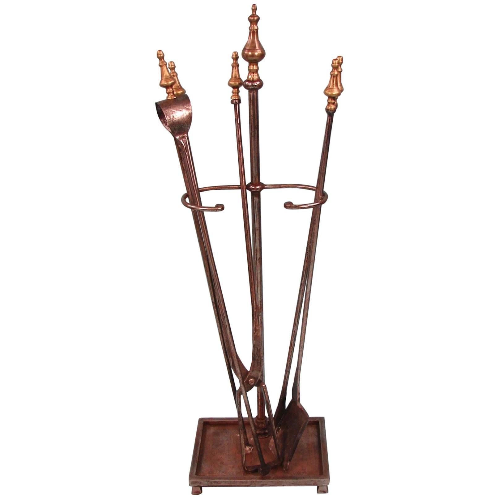 Oversized Hand-Wrought Steel and Brass Fire Tool Set with Stand