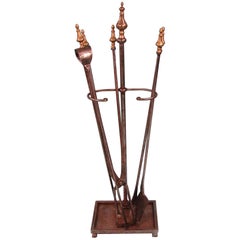 Vintage Oversized Hand-Wrought Steel and Brass Fire Tool Set with Stand