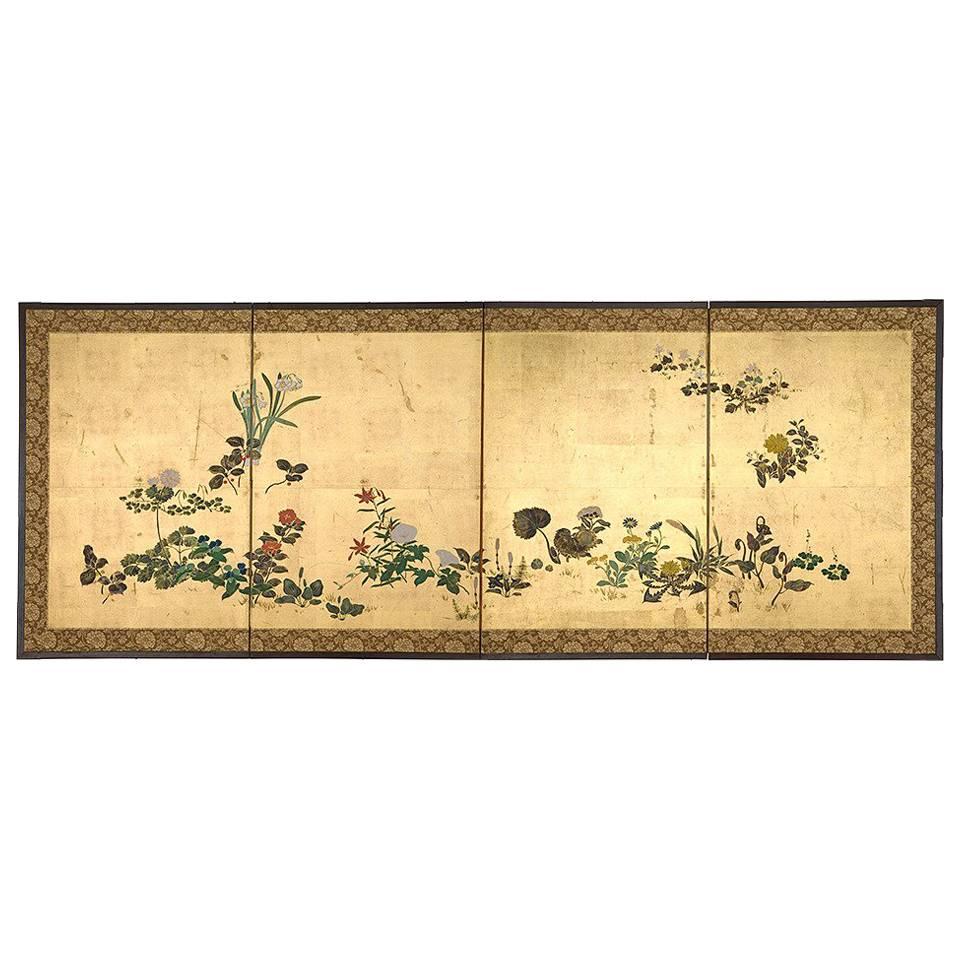 Japanese Screen with Seasonal Flowers For Sale