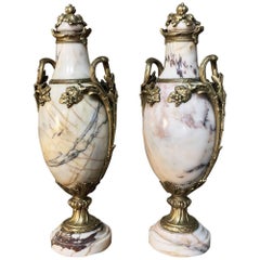 Pair of 19th Century Bronze and Marble Cassolettes Mantel Urns