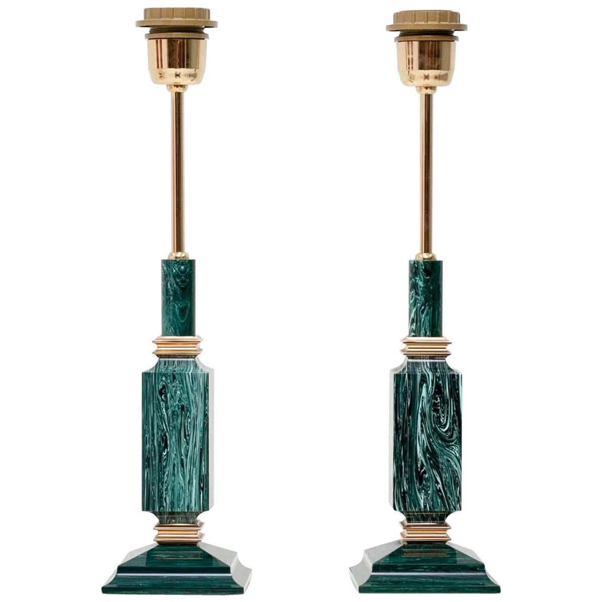 Pair of Green Faux Malachite Table Lamps, 1970s