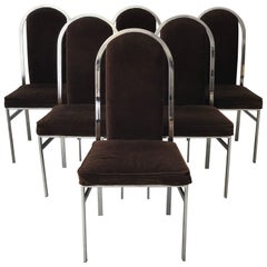1960s Milo Baughman Style Chrome Dining Chairs with Brown Velvet, Set of Six