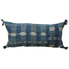 Early 19th Century French Faded Indigo Flamme Ikat Linen and Cotton Pillow