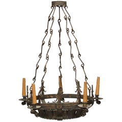 Dark Bronze Spanish Crown Form Six-Light Fixture with Original Decorative Chain