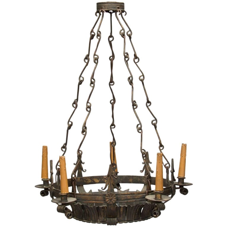 Dark Bronze Spanish Crown Form Six Light Fixture With Original Dark Bronze Spanish Crown Form Six Light Fixture With Original Decorative Chain For
