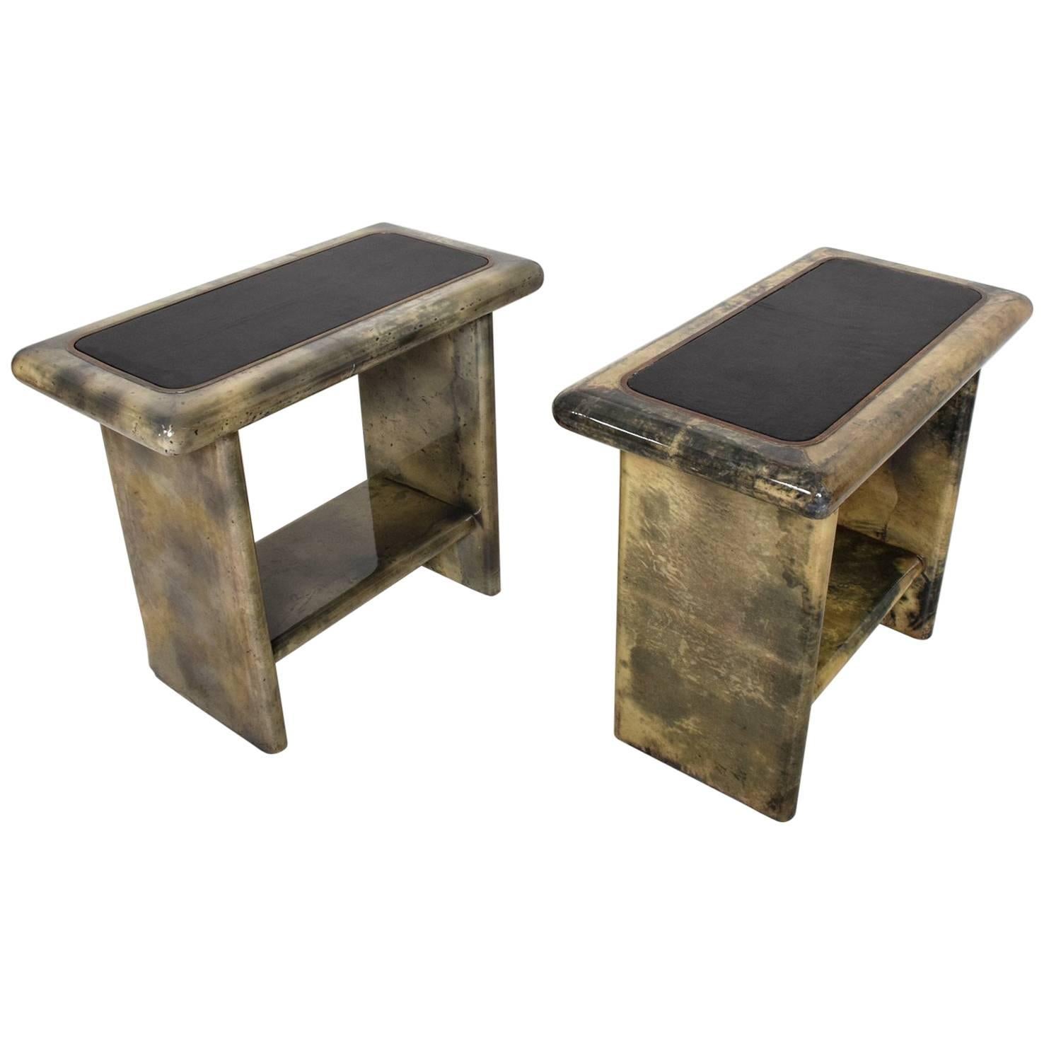 Pair of Goatskin Parchment and Leather Side Tables