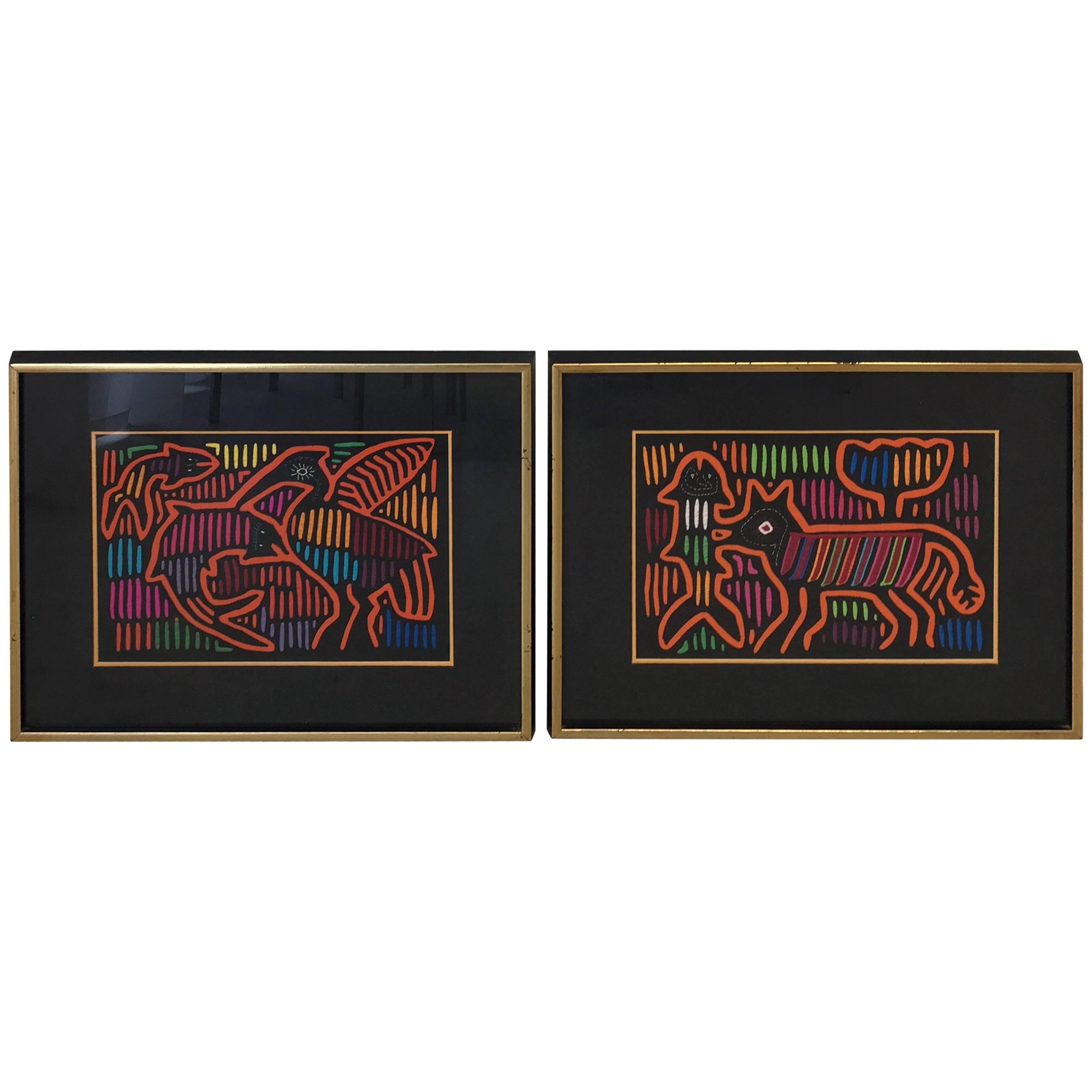 1970s Guatemala Mola Mixed Textiles Artwork Framed Panels, Pair