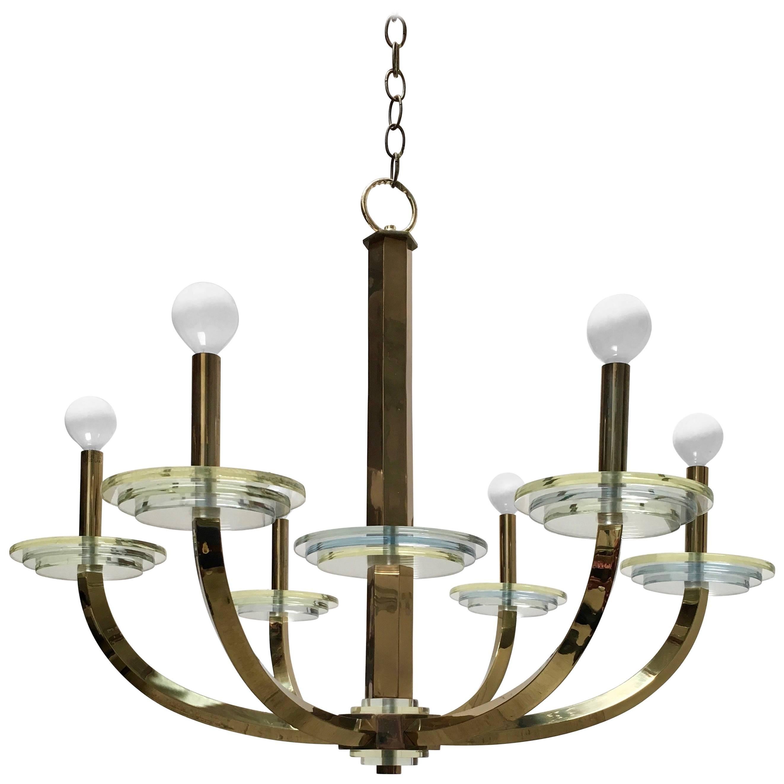 20th Century Brass and Lucite Chandelier