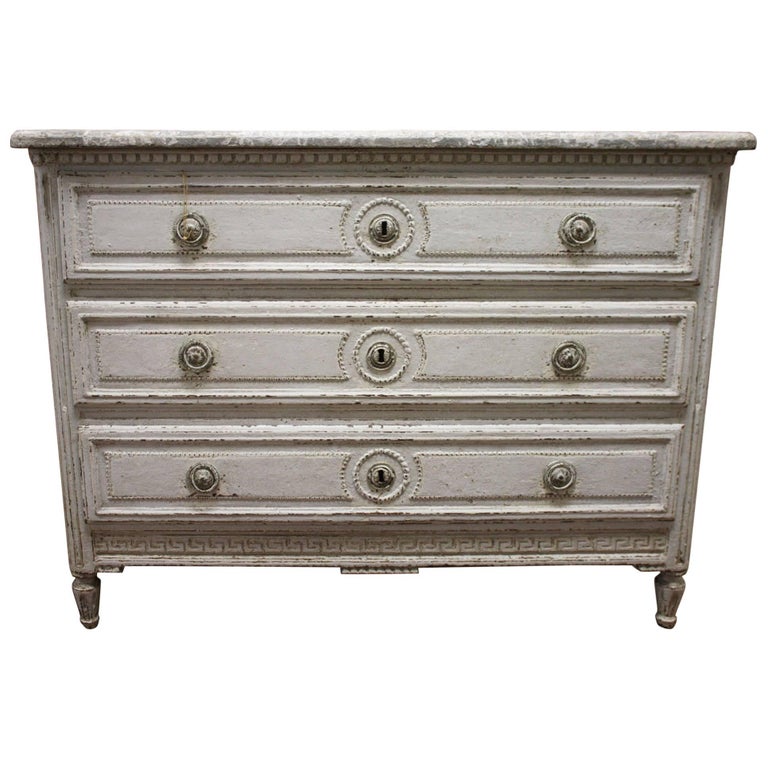 19th Century French Louis XVI Carved Painted Commode with Faux Marble Top 1