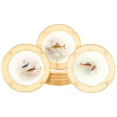 Antique Set of 12 Doulton Burslem Hand-Painted Artist Signed Fish Plates, 19th Century