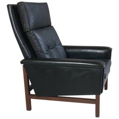 Vintage 1960-1970s Danish Mid-Century  Black Leather High Back Armchair