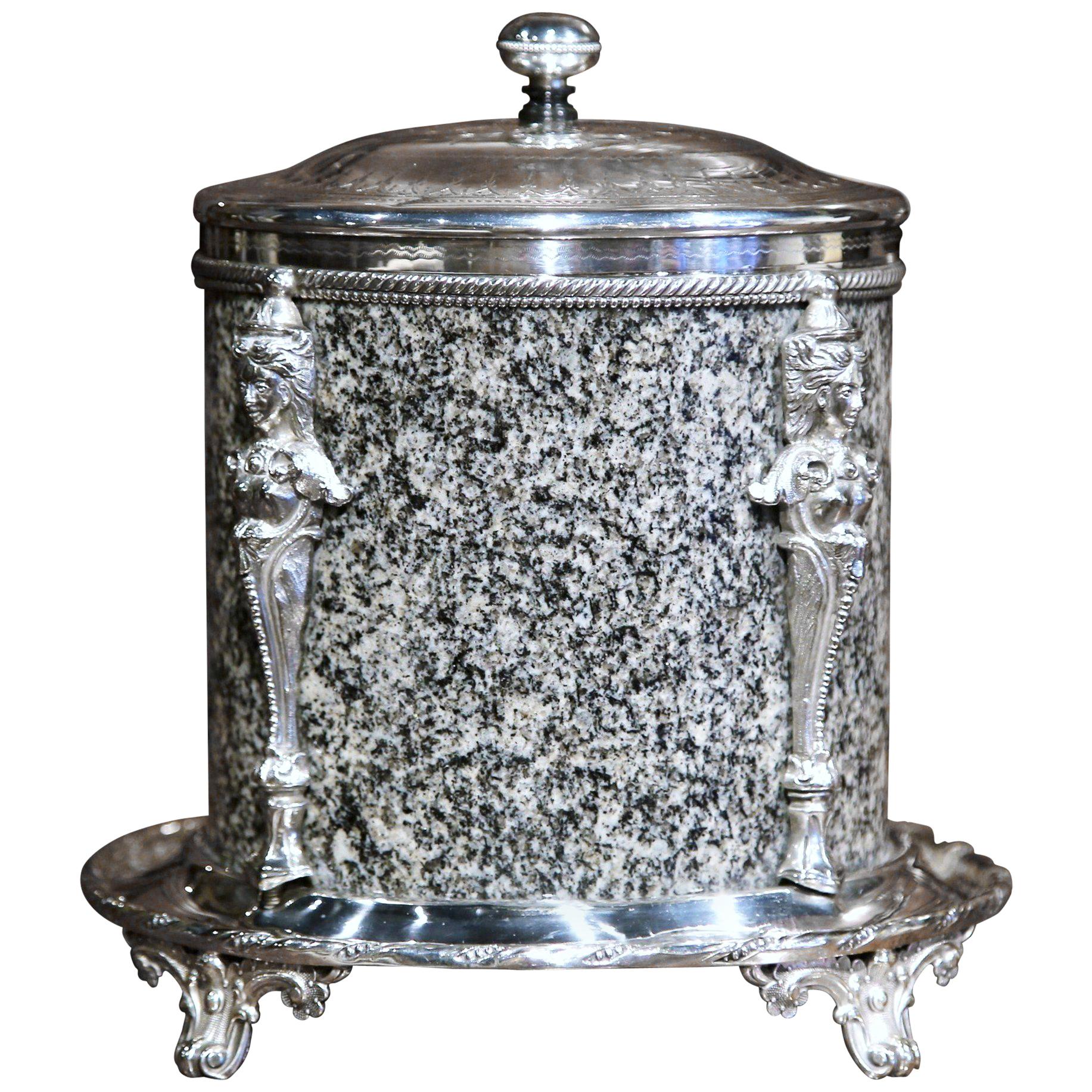 19th Century English Granite and Silver Plated Biscuit Box with Decorative Mount