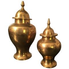 Retro 20th Century Pair of Polished Brass Lidded Urns