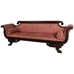 Antique American Empire Classical Carved Flame Mahogany Scroll Arm Sofa