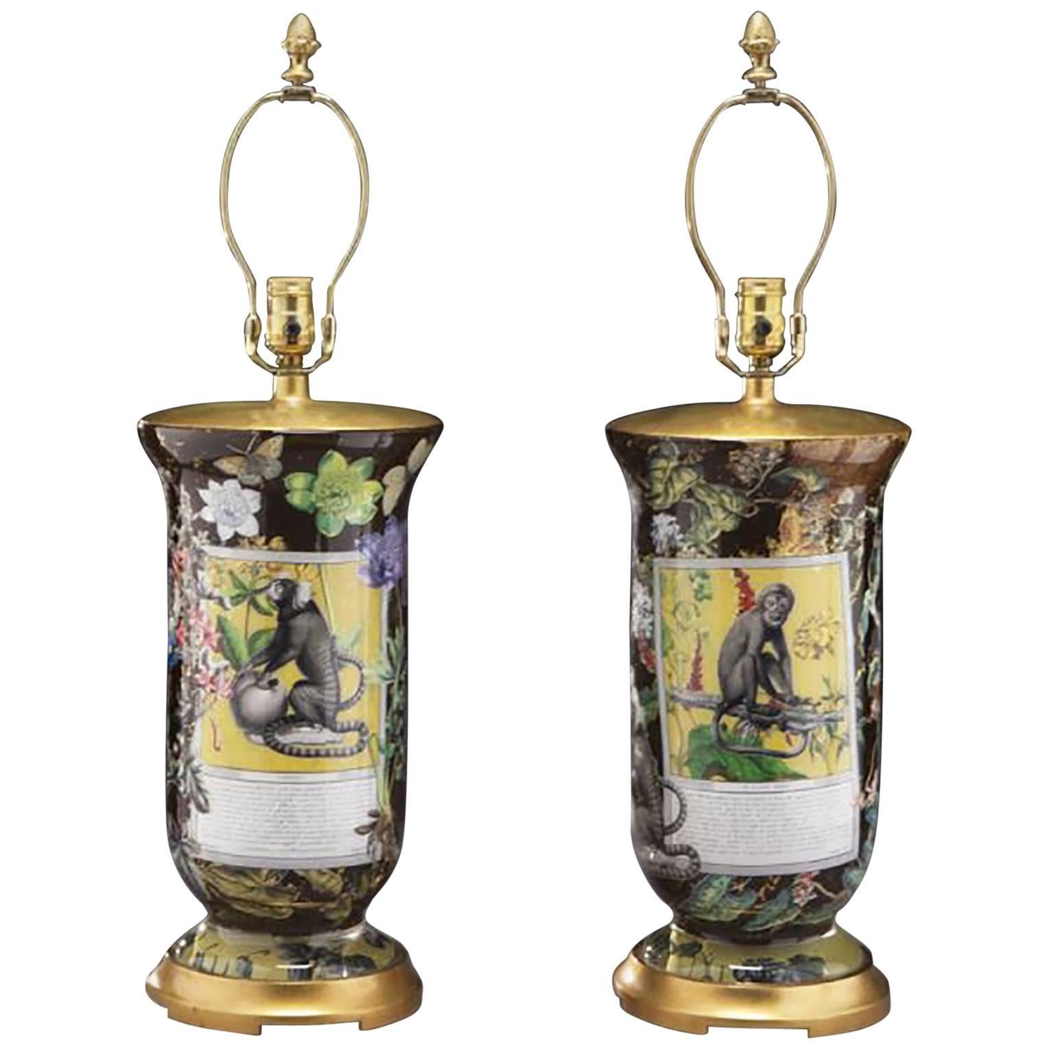 Pair of 20th Century Reverse Decorated Glass Table Lamps