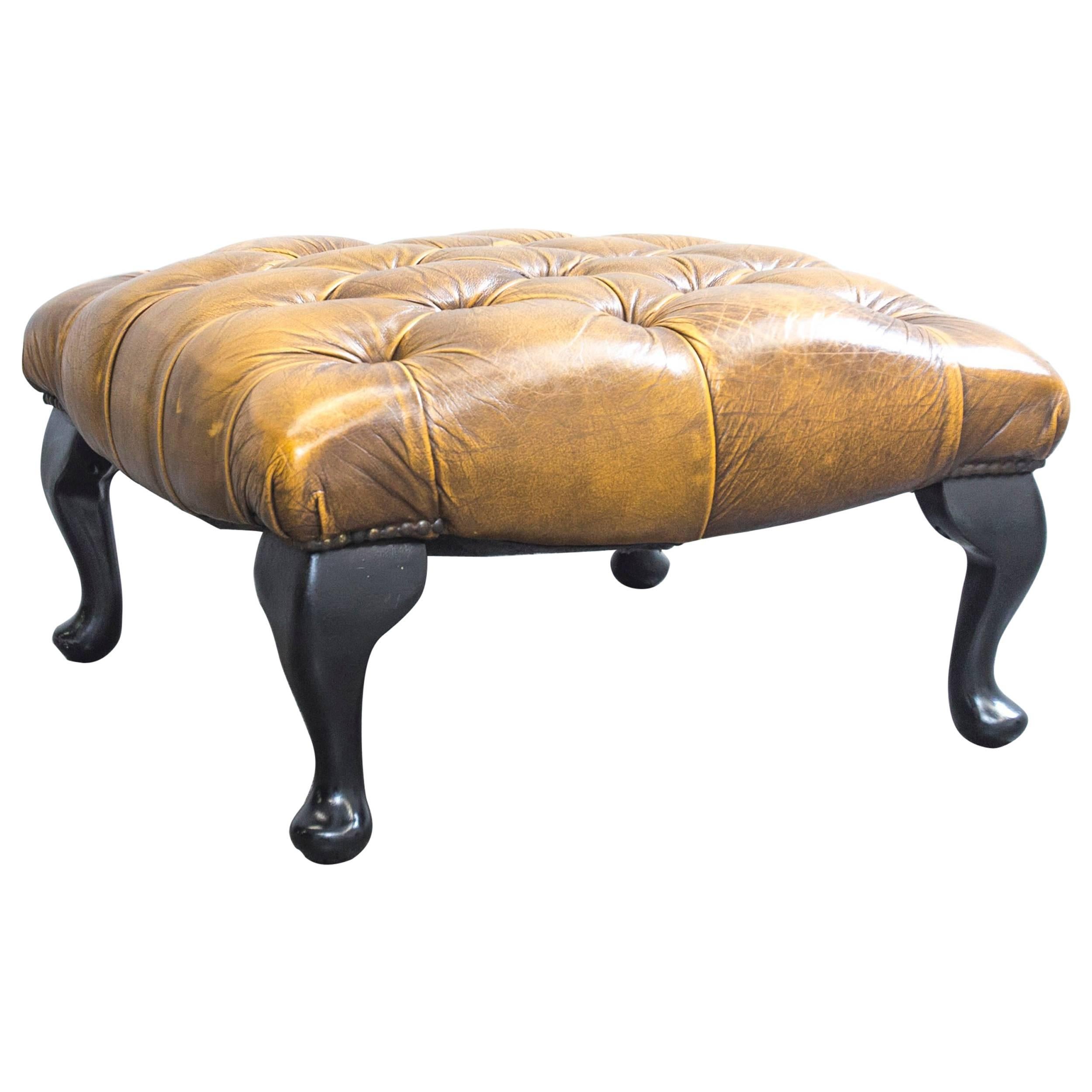 Chesterfield Leather Footstool Ocher Brown Oneseater Couch Retro Vintage