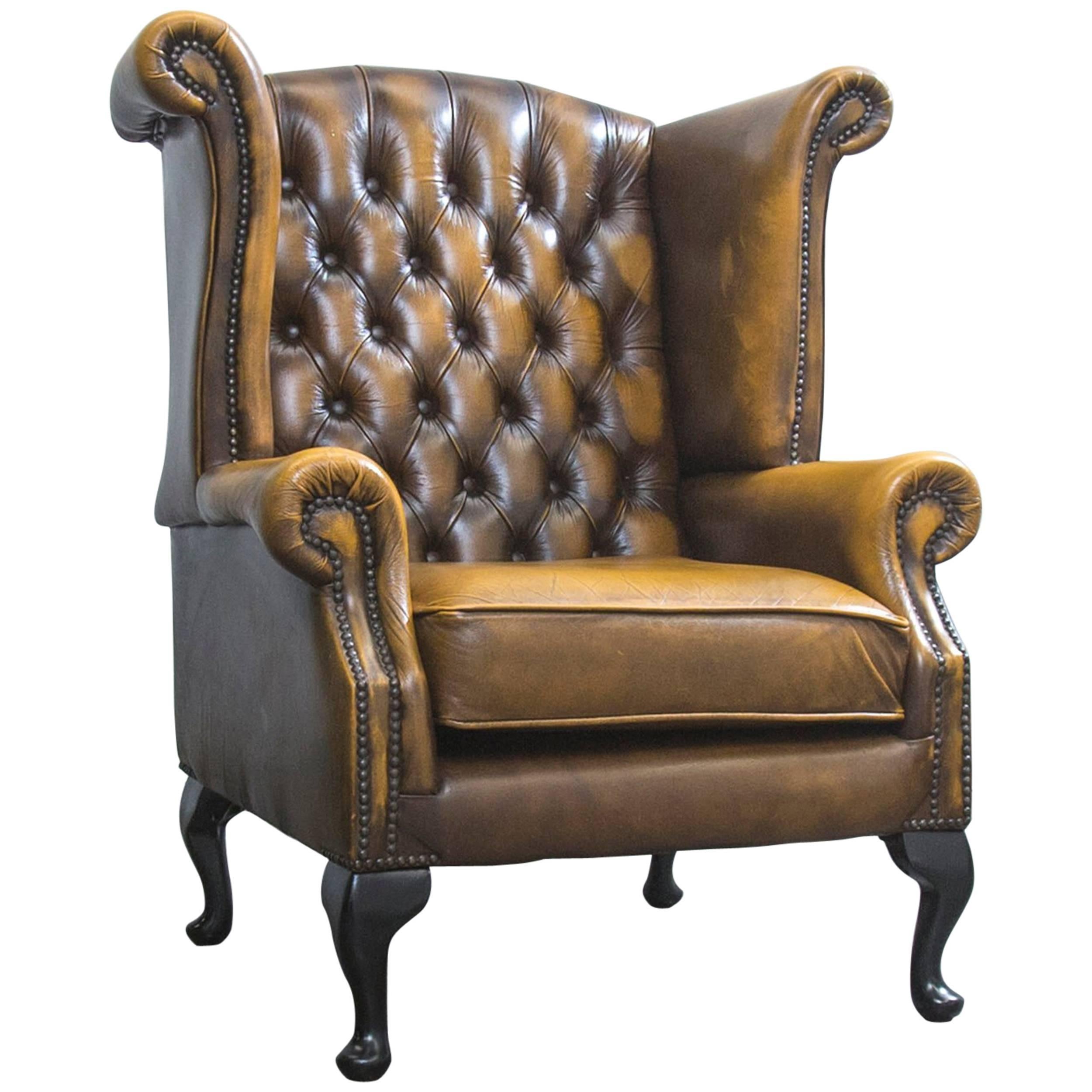 Chesterfield Leather Wingchair Ocher Brown Oneseater Couch Retro Vintage