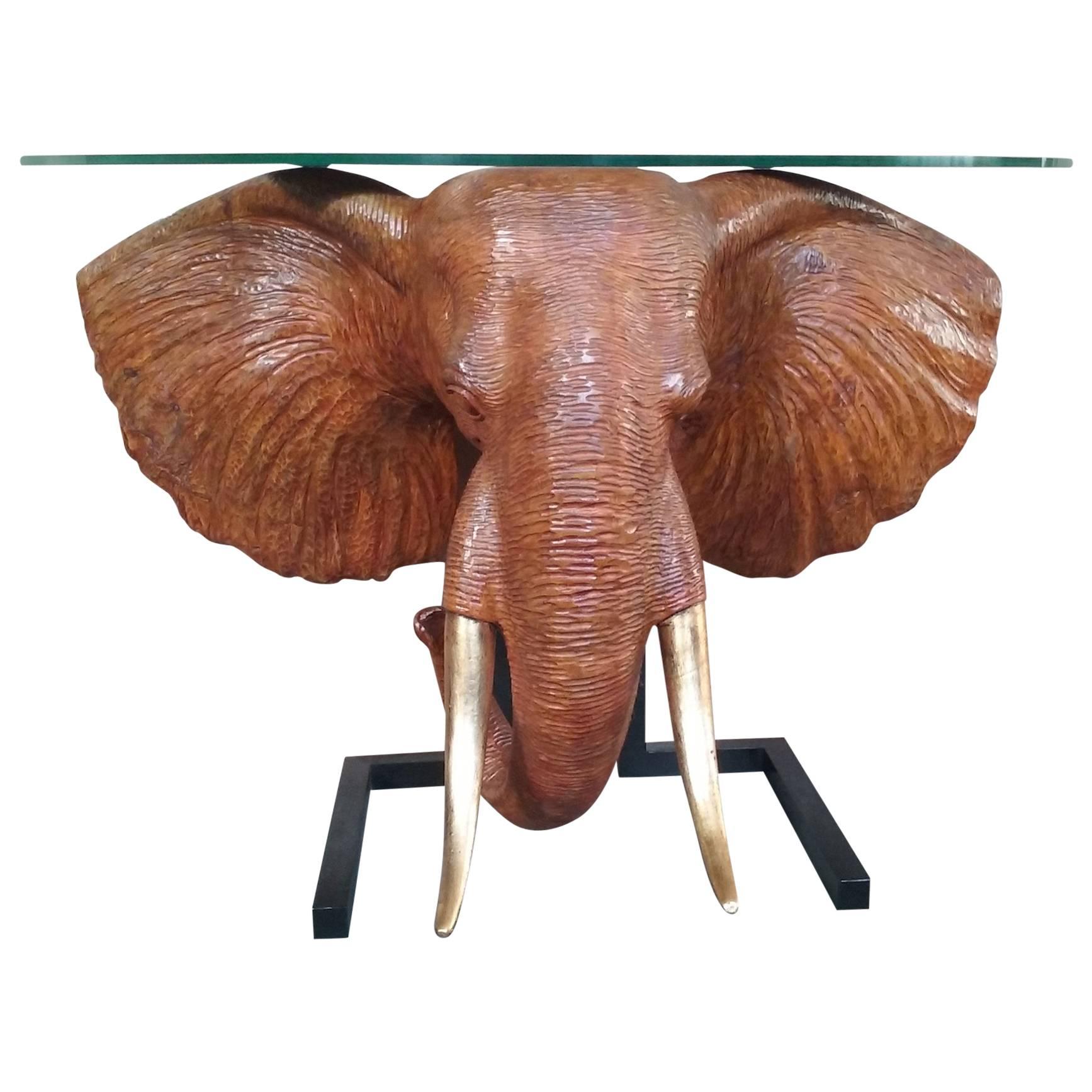 Elephant Console Sculpture, Wood Engraved and Gold Leaf, circa 1980