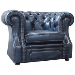 Original Chesterfield Leather Chair Blue One-Seat Vintage Retro