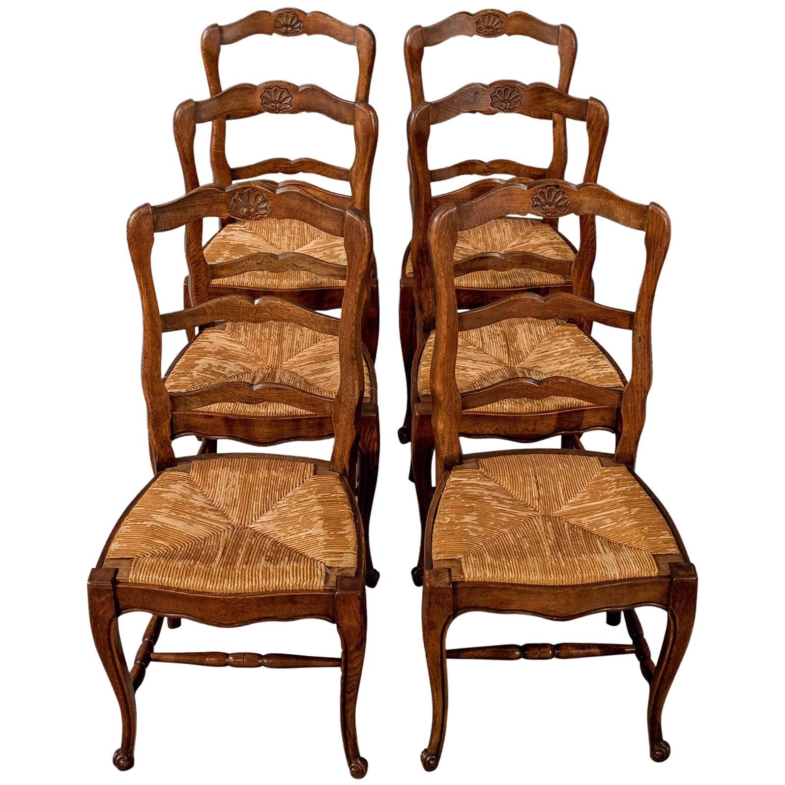 Antique Set of Six French Oak Kitchen Dining Country Chairs Rush Seats