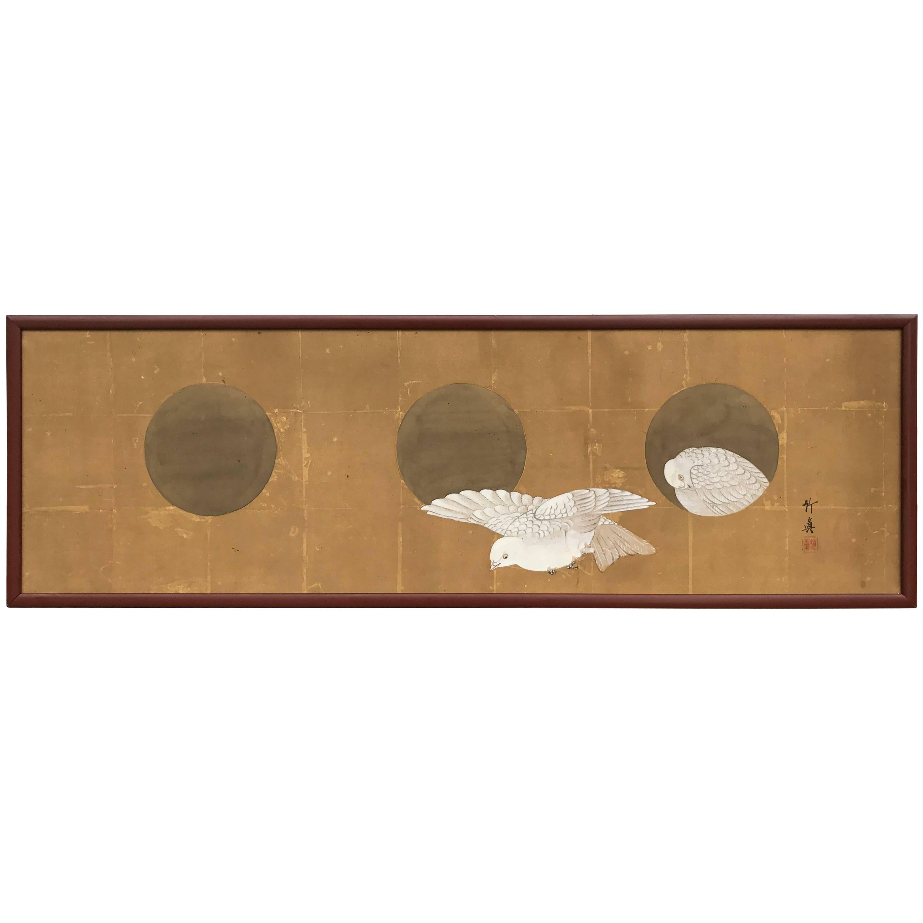 Japanese Antique Silk Painting Gaku White Nesting Doves and Moon Shapes Dwelling