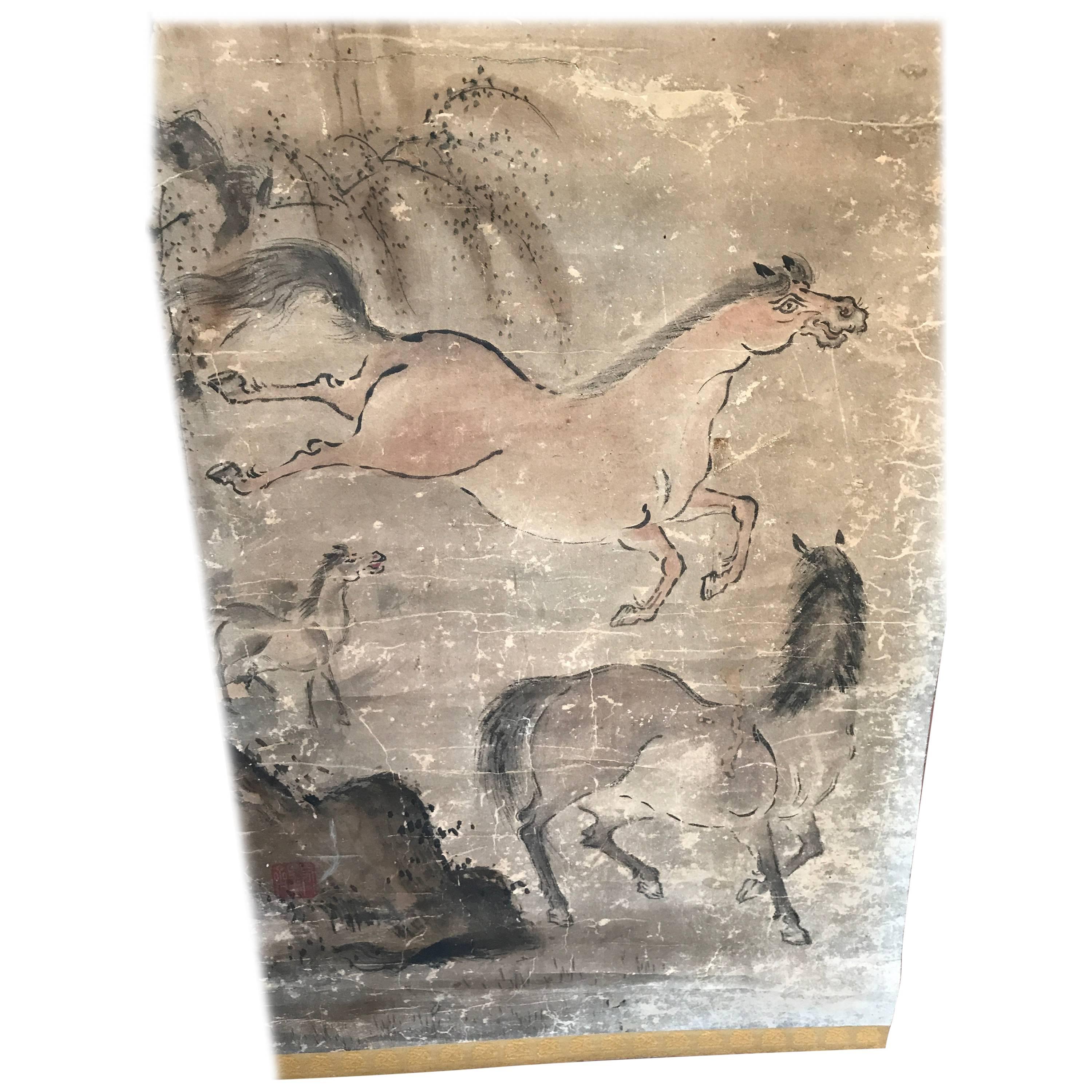 Japanese Antique Galloping Horses Family Hand-Painted Scroll