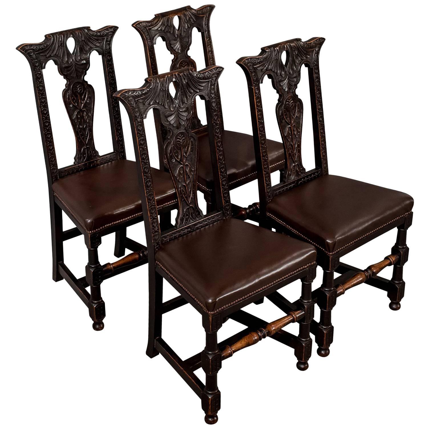 Set of Four Quality Oak Dining Chairs English Victorian Leather Seats circa 1870