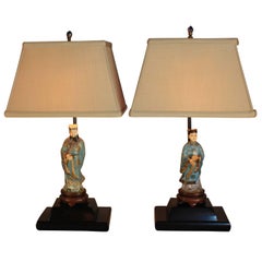 Pair of 1920s Chinese Cloisonné Bronze and Enamel Figures Table Lamps