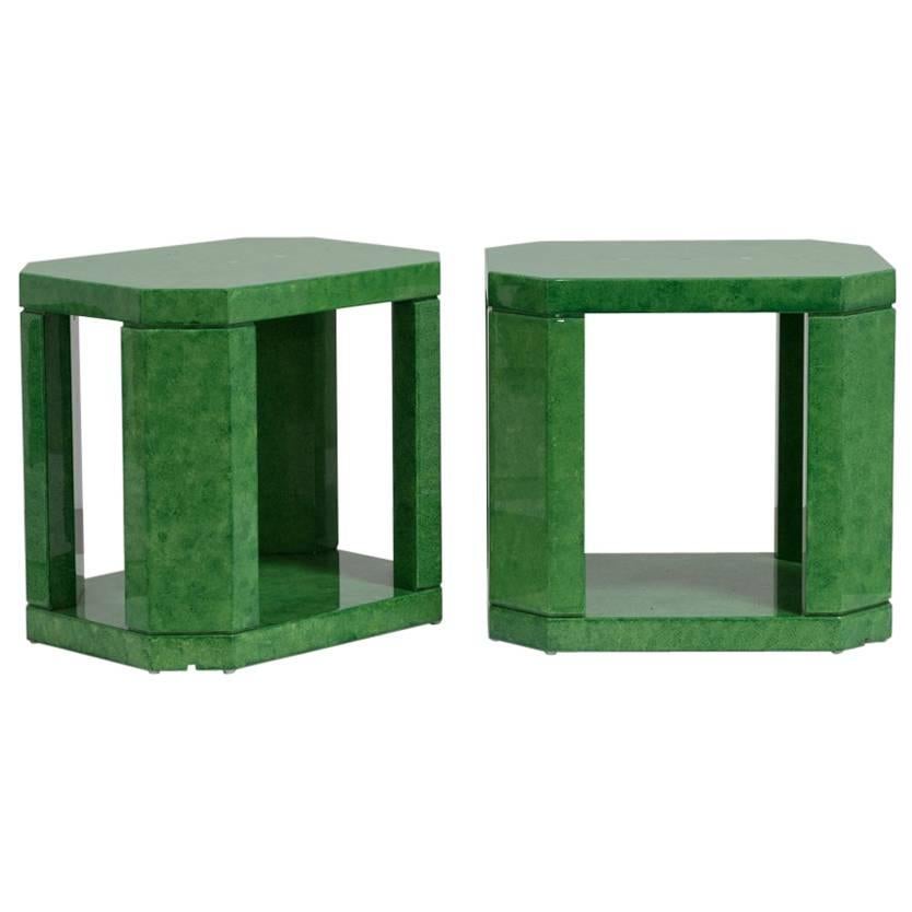 Striking Pair of Green Hand-Painted Faux Skin Side Tables, 1980s
