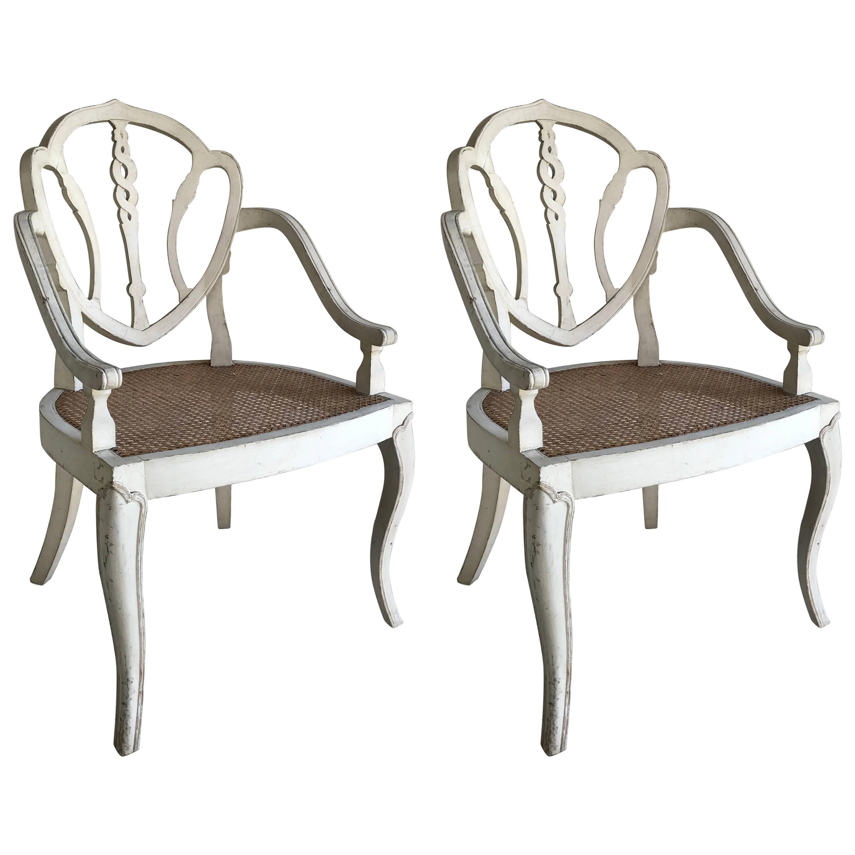 Pair of White Washed Armchairs with Cane Seating